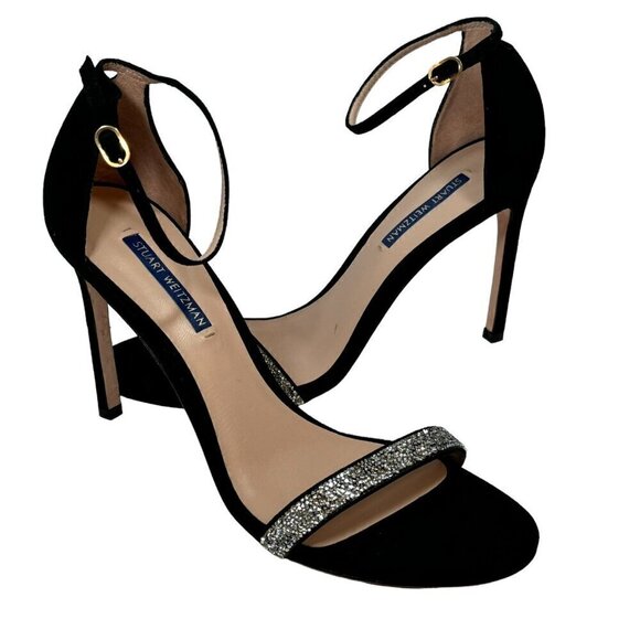 Stuart Weitzman Nudist Nudistsong Black Suede Crystal Embellished Sandal 9.5 NEW - Picture 5 of 9